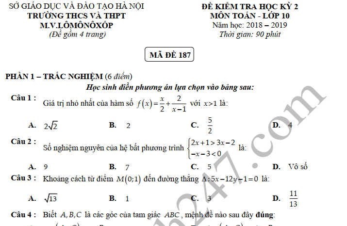 Đề cuối kì 2 lớp 10 môn Toán 2019 - THPT M.V Lômônôxốp