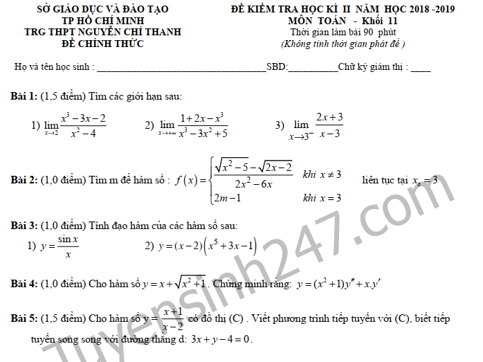 Đề thi kì 2 lớp 11 môn Toán 2019 - THPT Nguyễn Chí Thanh