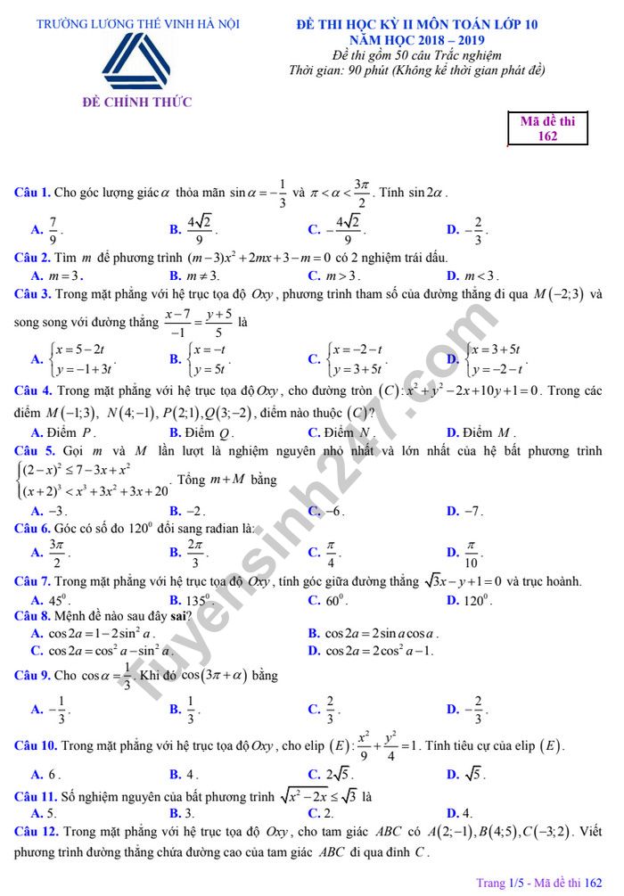 Đề thi học kì 2 lớp 10 môn Toán Có đáp án - THPT Lương Thế Vinh 2019