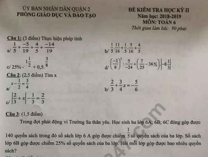 Đề thi kì 2môn Toán lớp 6 - Quận 2 năm 2019