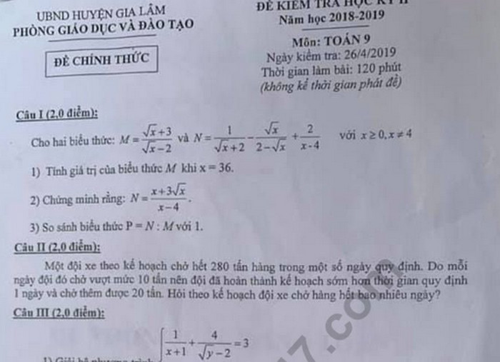 Đề thi học kì 2 lớp 9 môn Toán - Gia Lâm 2019