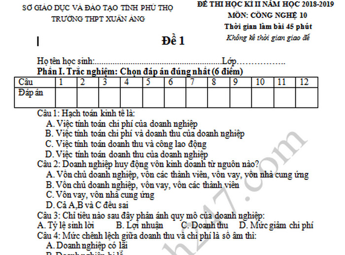 Đề thi học kì 2 môn Công Nghệ lớp 10 - THPT Xuân Áng 2019