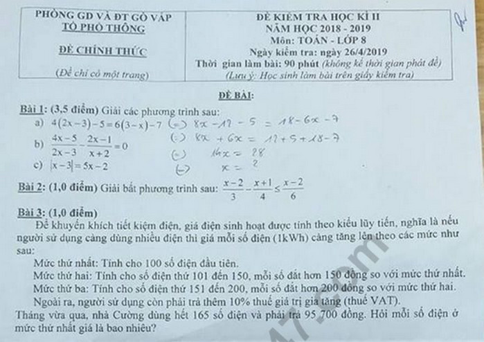 Đề thi học kì 2 lớp 8 môn Toán - Quận Gò Vấp 2019