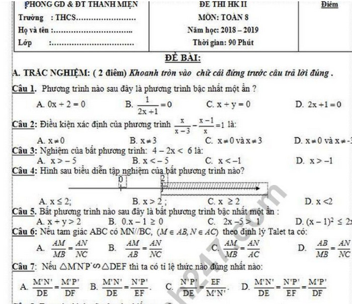 Đề thi học kì 2 lớp 8 môn Toán - THCS Thanh Miện 2019