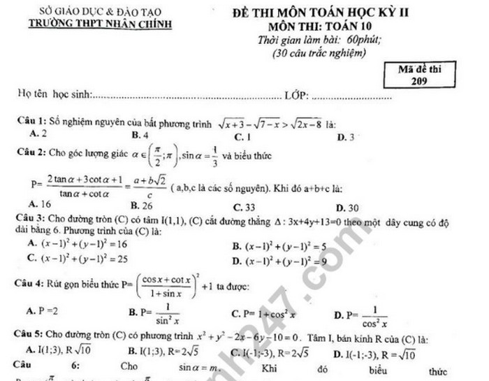 Đề thi học kì 2 môn Toán lớp 10 - THPT Nhân Chính 2019