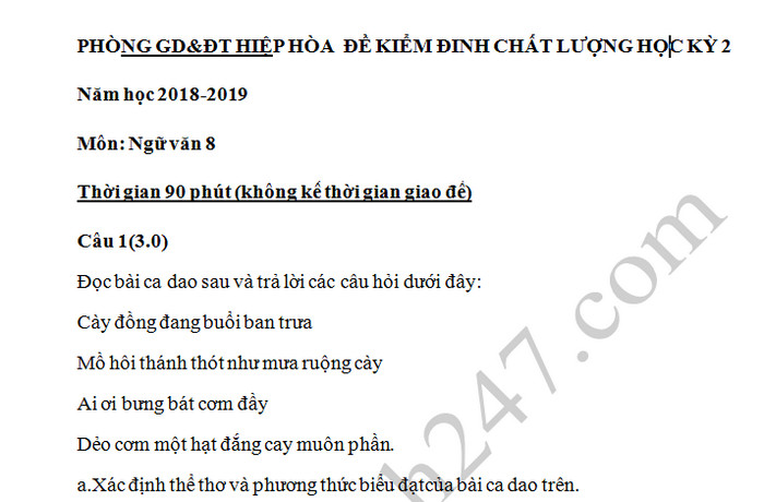 Đề thi học kì 2 môn Văn lớp 8 - Phòng GD Hiệp Hòa 2019