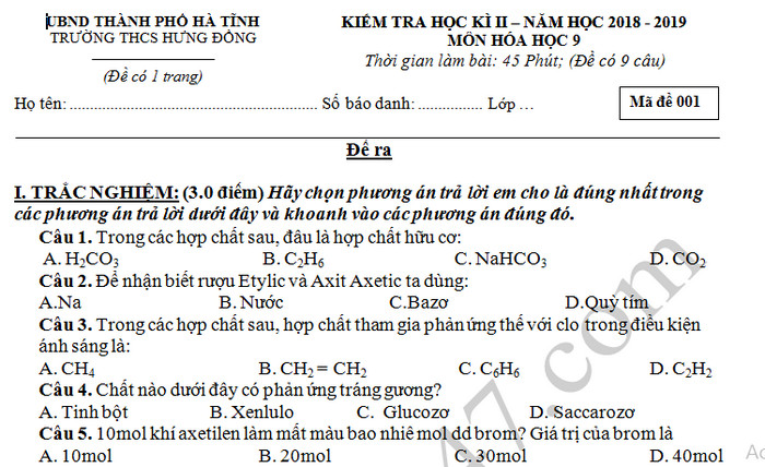 Đề thi kì 2 môn Hóa lớp 9 - THCS Đông Hưng năm 2019