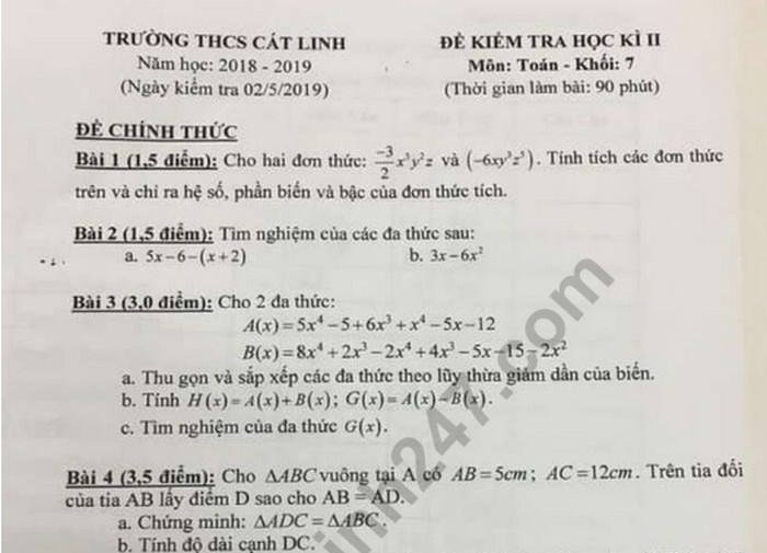 Đề thi học kì 2 môn Toán lớp 7 - THCS Cát Linh 2019