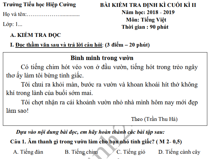 Đề thi kì 2 môn Tiếng Việt lớp 1 - TH Hiệp Cường 2019