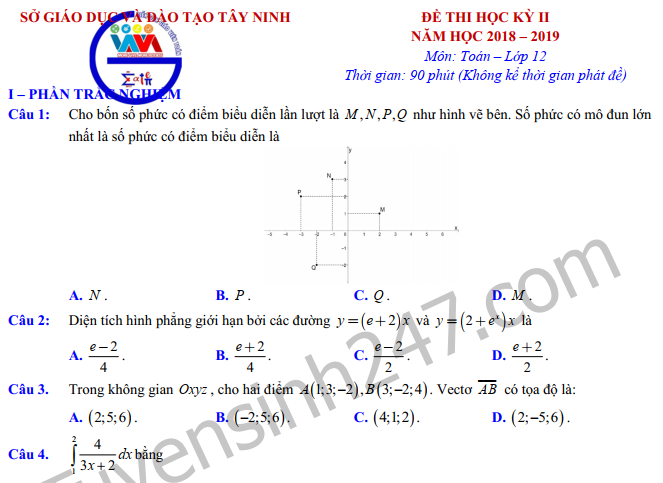 Đề thi kì 2 môn Toán lớp 12 năm 2019 - Sở GD Tây Ninh