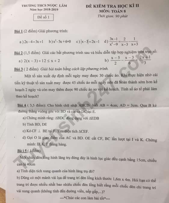Đề thi lớp 8 kì 2 môn Toán - THCS Ngọc Lâm 2019