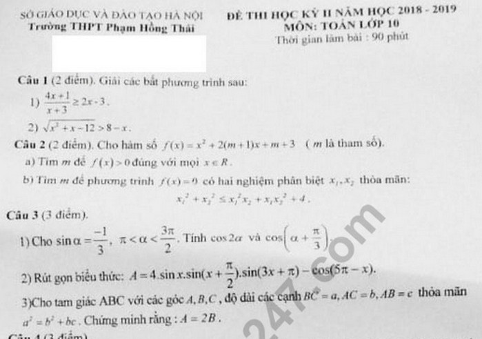 Đề thi học kì 2 lớp 10 môn Toán - THPT Phạm Hồng Thái 2019