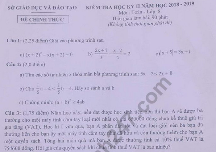 Đề thi học kì 2 lớp 8 môn Toán - Sở GD Bình Dương 2019