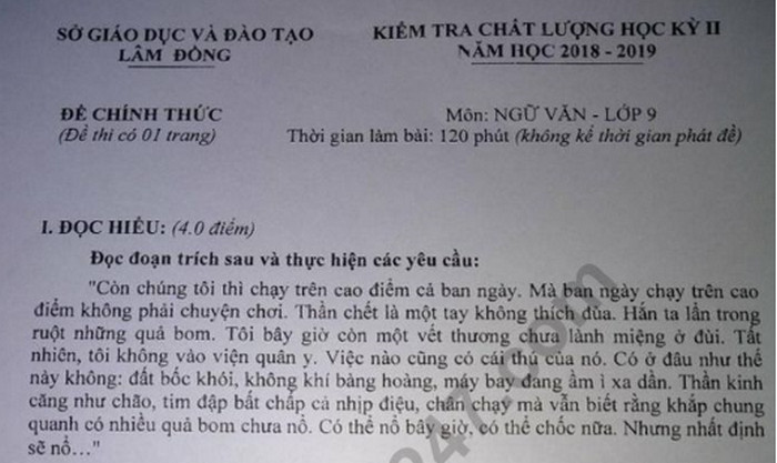 Đề thi học kì 2 lớp 9 môn Văn - Sở GD Lâm Đồng 2019