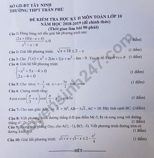 Đề thi kì 2 môn Toán lớp 10 - THPT Trần Phú 2019