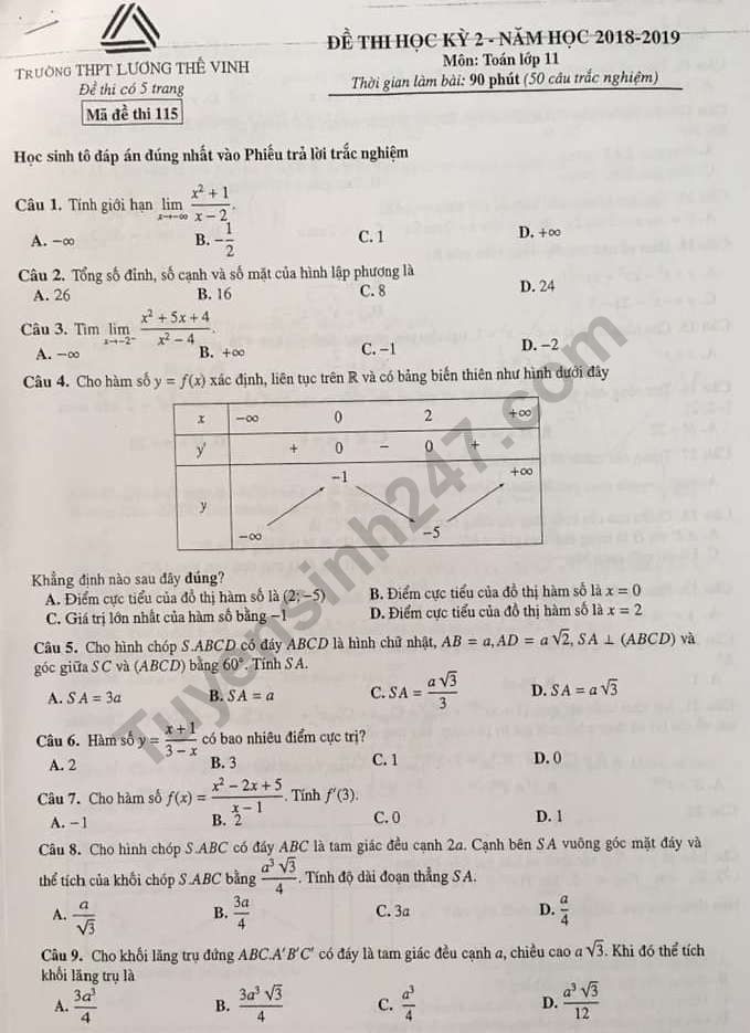 Đề thi kì 2 môn Toán lớp 11 năm 2019 - THPT Lương Thế Vinh (Có đáp án)