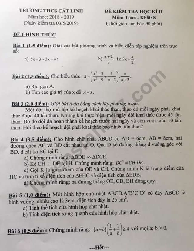 Đề thi kì 2 môn Toán lớp 8 năm 2019 - THCS Cát Linh