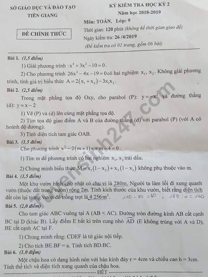 Đề thi kì 2 môn Toán lớp 9 - Sở GD Tiền Giang 2019