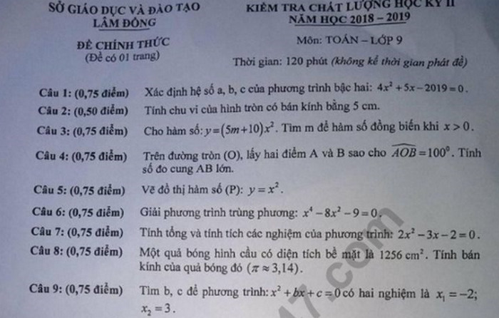 Đề thi học kì 2 môn Toán lớp 9 - Sở GD Lâm Đồng 2019