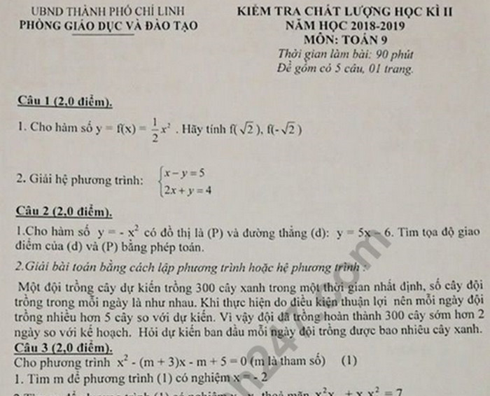 Đề thi học kì 2 lớp 9 môn Toán - Thành phố Chí Linh 2019