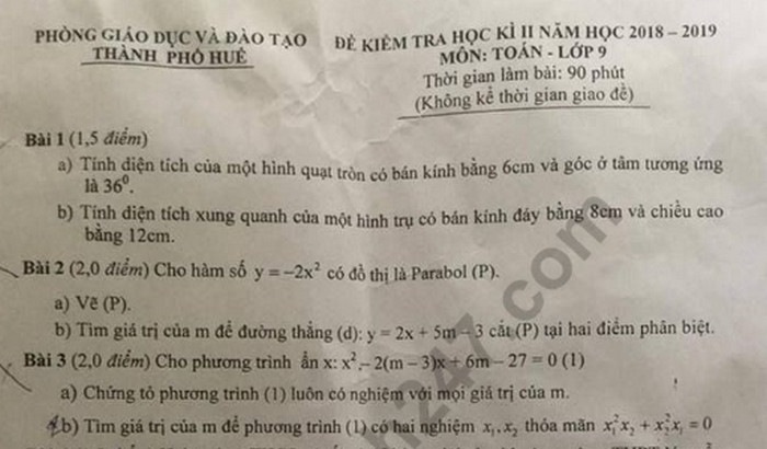 Đề thi học kì 2 lớp 9 môn Toán - Thành phố Huế 2019