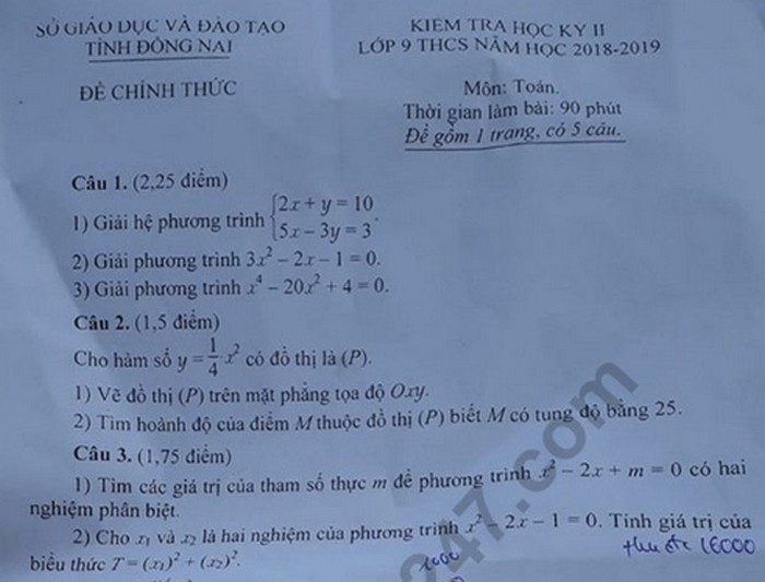 Đề kì 2 môn Toán lớp 9 năm 2019 - Tỉnh Đồng Nai