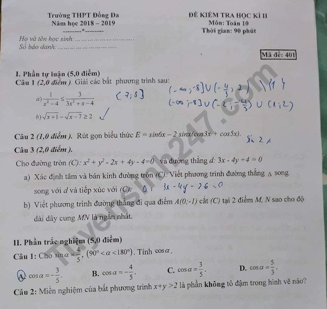 Đề thi môn Toán học kì 2 lớp 10 năm 2019 - THPT Đống Đa (Có đáp án)