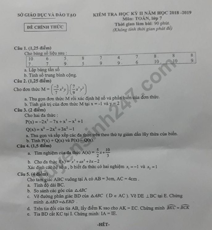 Đề thi kì 2 môn Toán lớp 7 năm học 2018 - 2019 Sở GD Bình Dương