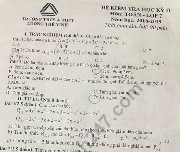 Đề thi học kì 2 lớp 7 môn Toán trường Lương Thế Vinh 2019