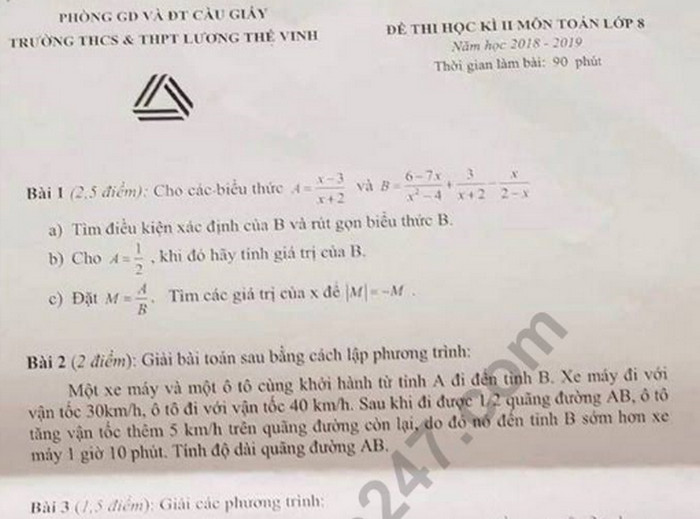 Đề thi học kì 2 môn Toán lớp 8 - THCS Lương Thế Vinh