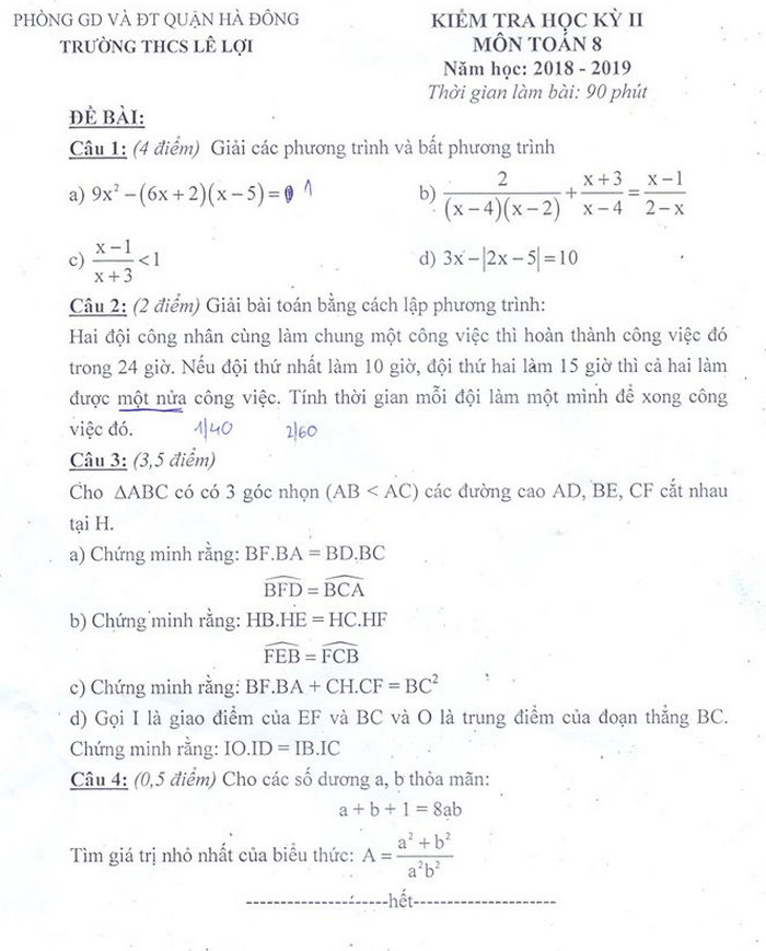 Đề thi kì 2 lớp 8 môn Toán - THCS Lê Lợi năm 2019