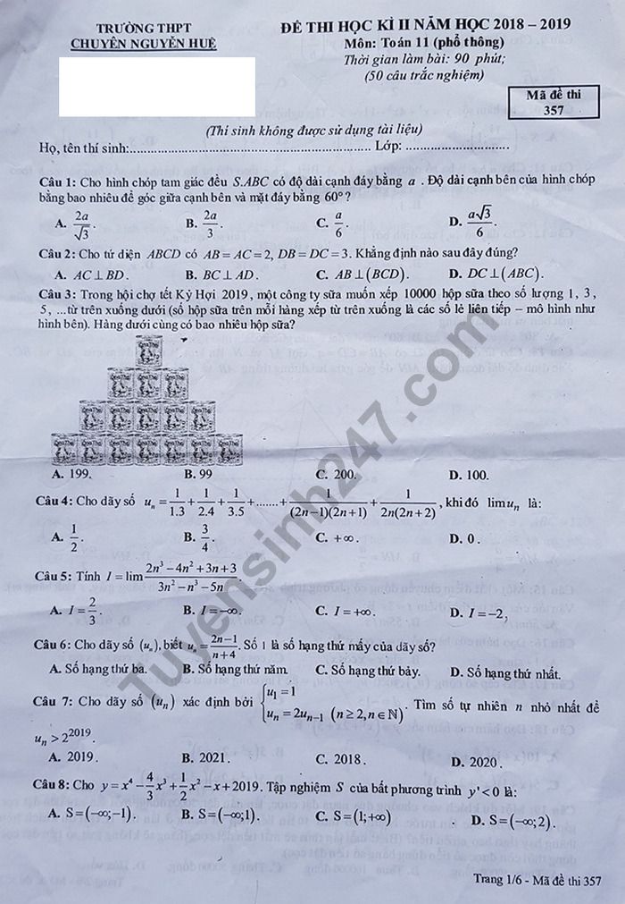 Đề thi học kì 2 lớp 11 môn Toán - Chuyên Nguyễn Huệ 2019