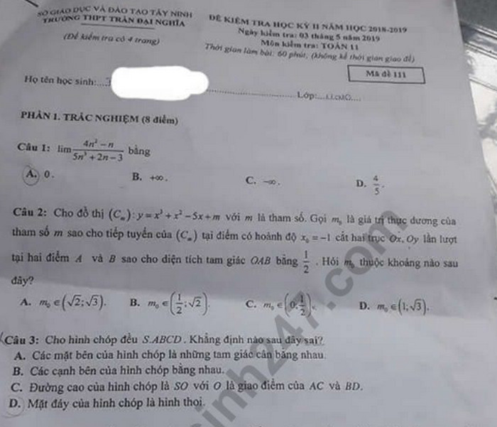 Đề kì 2 môn Toán lớp 11 - THPT Trần Đại Nghĩa 2019