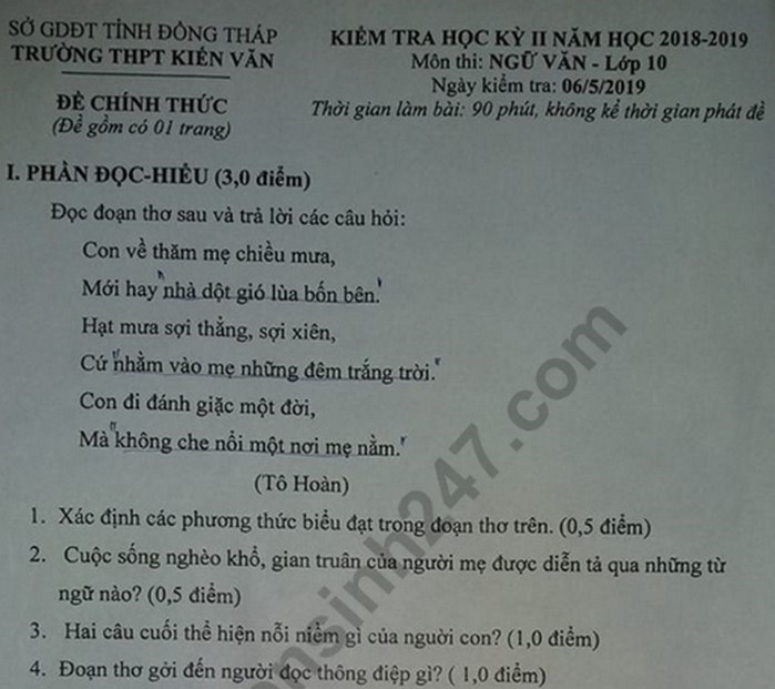 Đề thi học kì 2 lớp 10 môn Văn - THPT Kiến Văn năm 2019