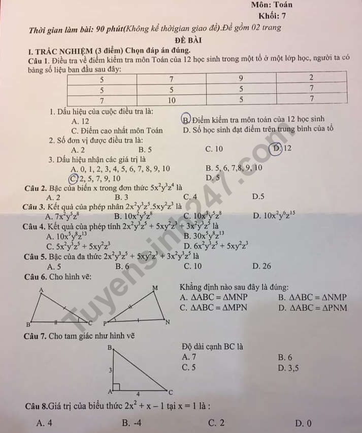 Đề thi kì 2 môn Toán lớp 7 năm 2019 - THCS Trần Hưng Đạo