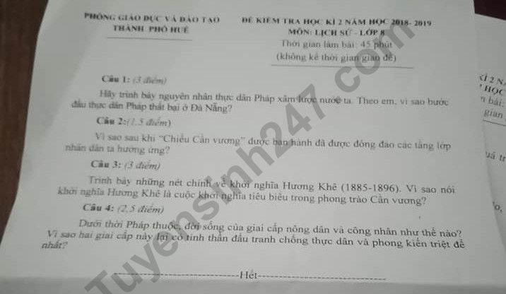 Đề thi học kì 2 môn Sử lớp 8 năm 2019 - TP Huế