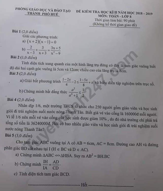 Đề thi môn Toán lớp 8 học kì 2 - TP Huế năm 2019