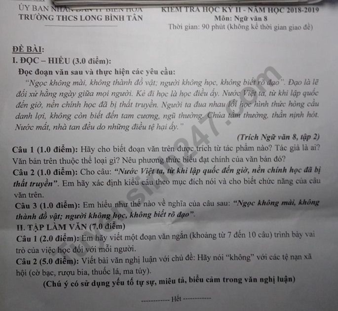 Đề thi kì 2 lớp 8 môn Văn 2019 - THCS Long Bình Tân