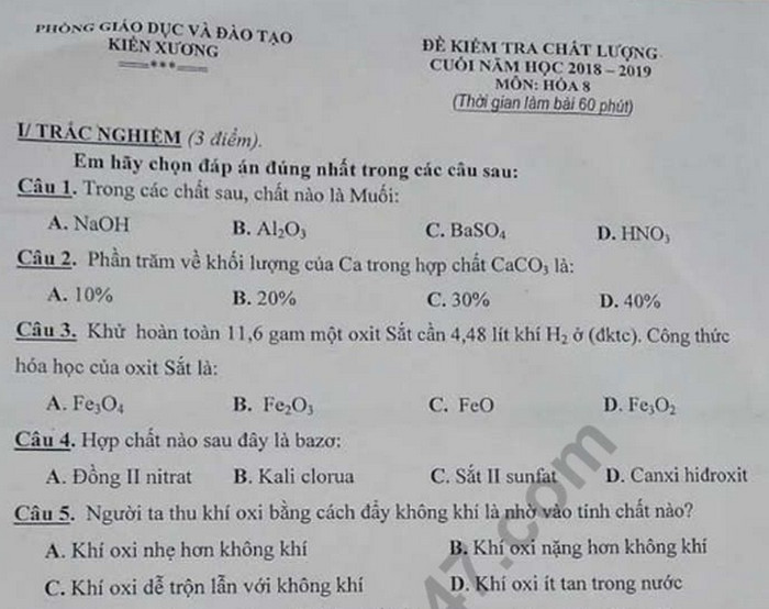 Đề thi học kì 2 lớp 8 môn Hóa - Phòng GD Kiến Xương năm 2019