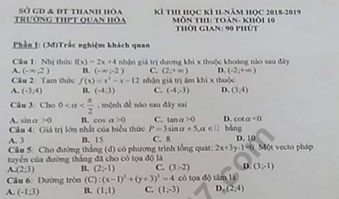 Đề thi học kì 2 lớp 10 môn Toán - THPT Quan Hóa năm 2019