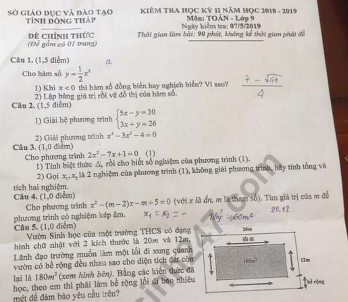 Đề thi kì 2 lớp 9 môn Toán - Tỉnh Đồng Tháp 2019