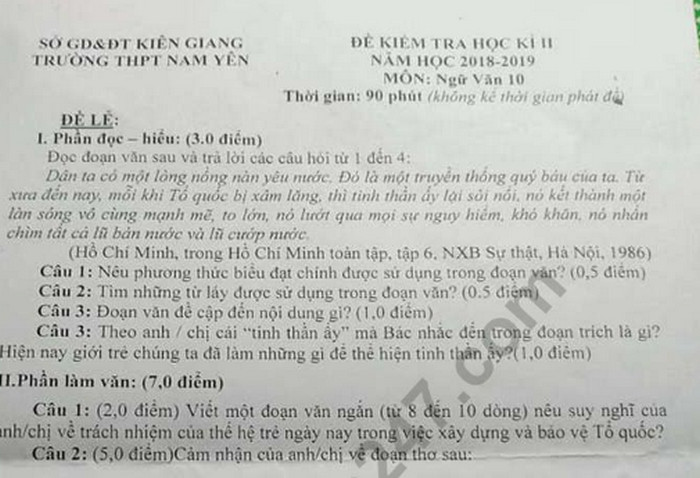 Đề thi kì 2 lớp 10 môn Văn - THPT Nam Yên 2019