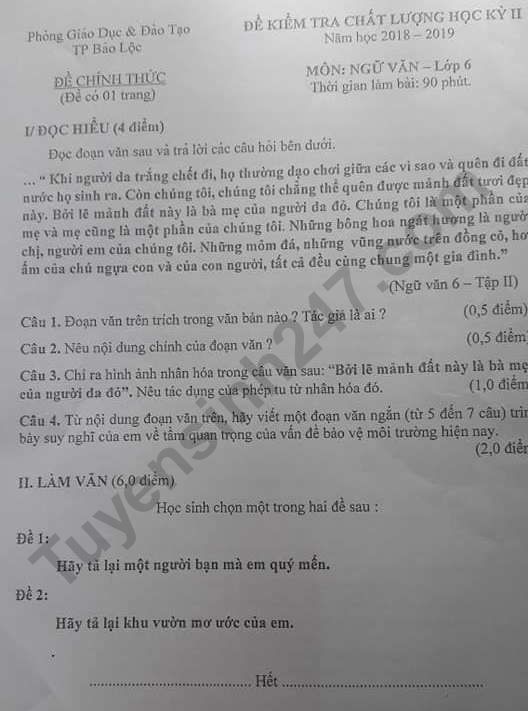 Đề thi kì 2 môn Văn lớp 6 - TP Bảo Lộc 2019