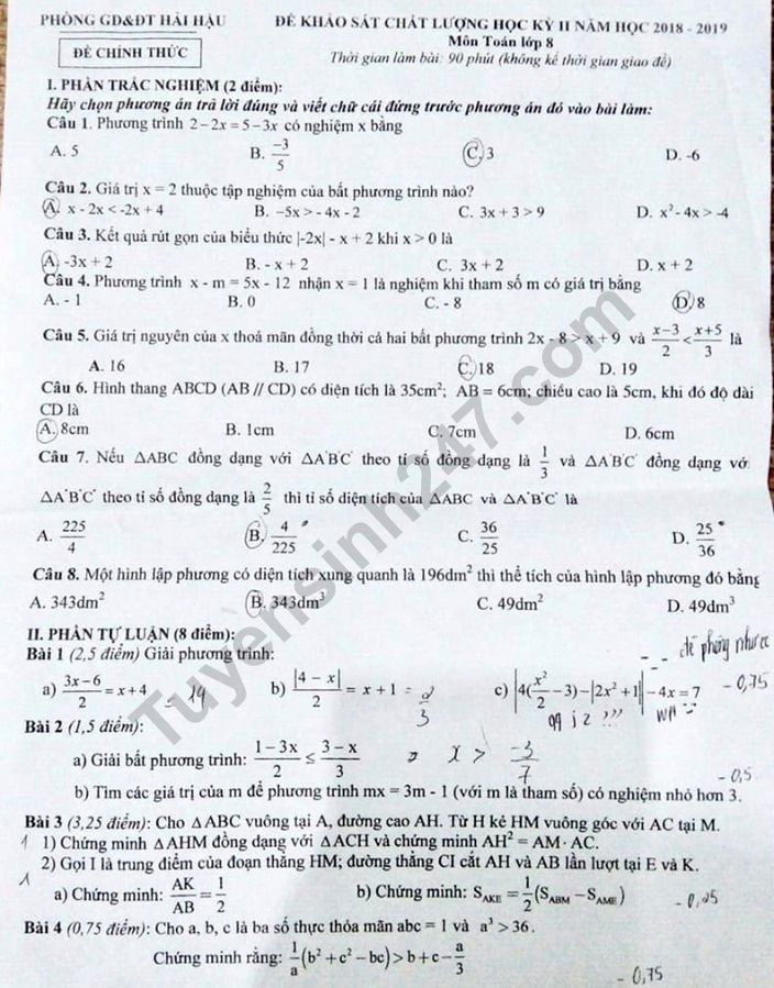 Đề thi kì 2 môn Toán lớp 8 - Hải Hậu năm 2019