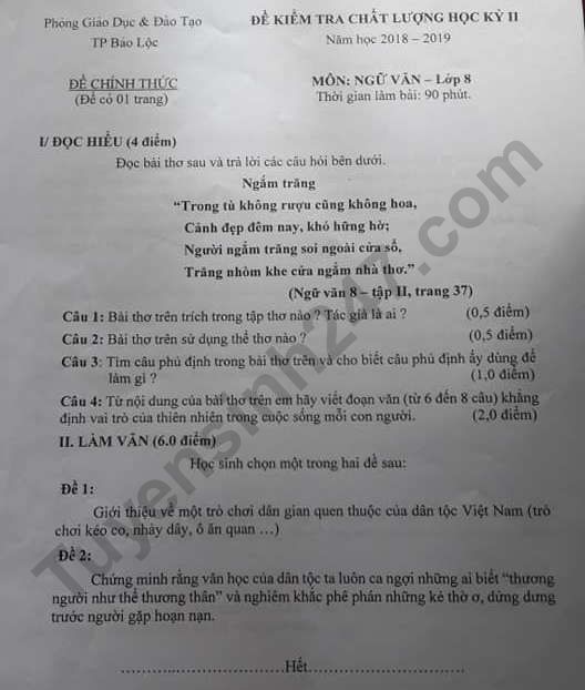 Đề thi kì 2 lớp 8 môn Văn 2019 - Phòng GD Bảo Lộc