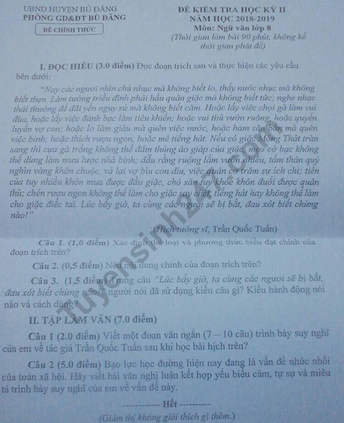 Đề thi kì 2 lớp 8 môn Văn 2019 - Phòng GD Bù Đăng