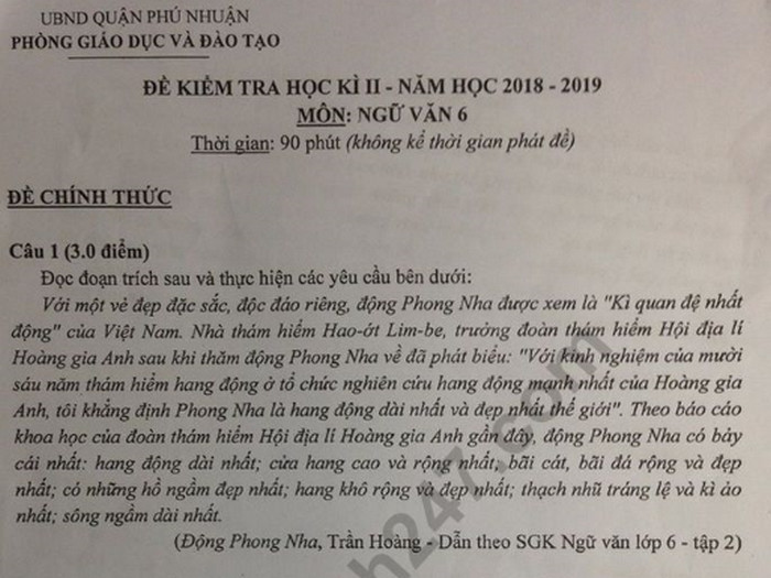 Đề thi kì 2 lớp 6 môn Văn - Quận Phú Nhuận năm 2019