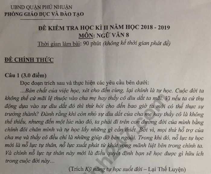 Đề kì 2 lớp 8 môn Văn - Quận Phú Nhuận năm 2019