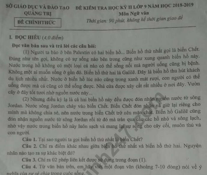 Đề kì 2 lớp 9 môn Văn - Sở GD Quảng Trị 2019