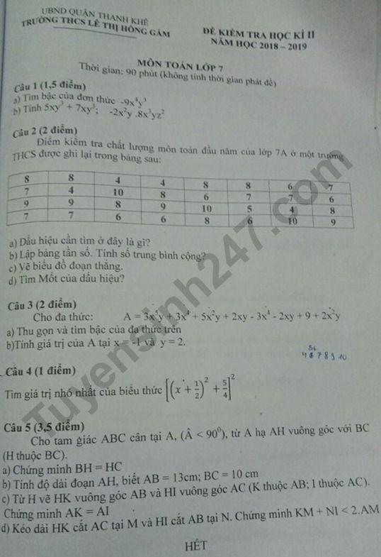 Đề thi kì 2 môn Toán lớp 7 - THCS Lê Hồng Gấm 2019